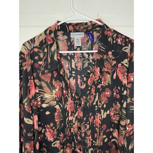 CATHERINES Blouse Top Black Red Floral Button Up 3/4 Sleeve Vneck Sz 3X Petite - Picture 3 of 7